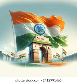 Indian Flag republic day, Digital Art, high angle view India gate in background 