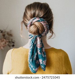 Indoor photo of bun with scarf women's hairstyle