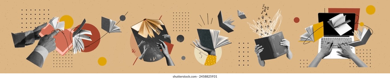Interactive and engaging learning experiences. Dynamic nature of modern education, hands with books and digital devices. Contemporary art. Concept of education, modern technology, online learning स्टॉक फ़ोटो