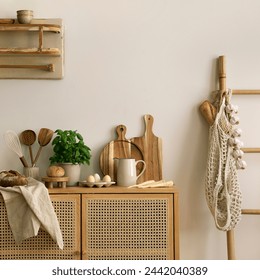 Interior design of kitchen space with rattan commode, boho chair, ladder,  cutting board, herbs, vegetables, bread, eggs, pitcher, food and kitchen accessories. Home decor.  Template.  ภาพถ่ายสต็อก