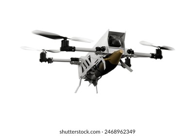 Isolated military drone with aerial bomb in motion. Defense technology.: stockfoto