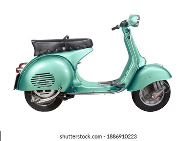 Italy - 1959 - Vintage Vespa motorcycle - isolated on white background - teal Editorial Stock Photo