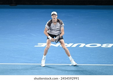 2024年1月28日にオーストラリアのメルボルンパークで開催されたオーストラリアオープンAO2024男子グランドスラムテニストーナメントの間、イタリアのジャンニク・シンナー。のエディトリアル写真素材