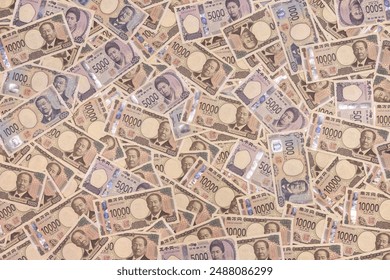 日本の新しい紙幣。1万円札、5,000円札、1,000円札を大数並べて画像。の写真素材