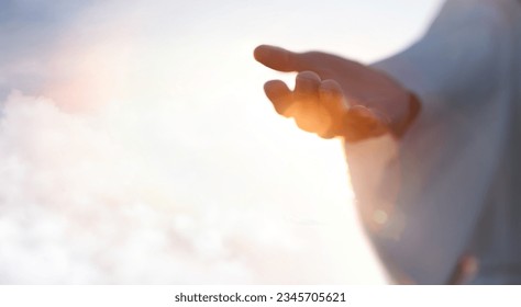 Jesus Christ with open arms reaching out in the sky, hand gestures of Jesus dying on the cross and resurrected, heaven and salvation, faith and love, easter concept
, fotografie de stoc