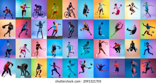 Judo, basketball, football, tennis, cycling, swimming and hockey. Set of images of different professional sportsmen, fit people in action, motion isolated on multicolor background in neon. Collage Stock-foto