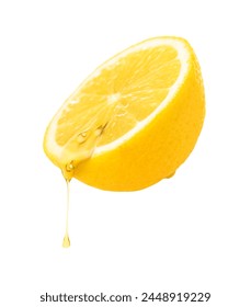 Juice dripping from half of lemon isolated on white 库存照片