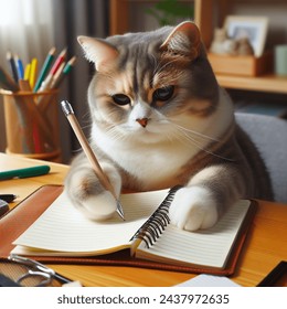 kedi elinde not defteri yazıyor
