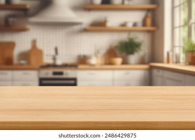 Kitchen wood table top for product display with blurred modern interior. Wooden tabletop over defocused kitchen background. kitchen furniture and desk space. product promotion in the kitchen Foto Stock