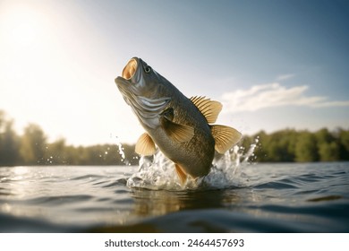 口を大きく開けて水から飛び出す大魚の写真素材
