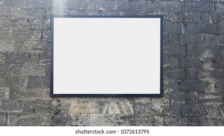 Large Outdoor White Blank Advertisement Banner Mock Up on The Wall.Isolated Template Clipping Path Foto stock