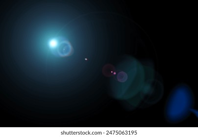 レンズフレア、黒の背景にブルーグローライト効果。レイの画像ライトエフェクト、オーバーレイ、デザイン用フレア。黒い背景に抽象的な太陽のバースト、フレア、グレアのセット。の写真素材