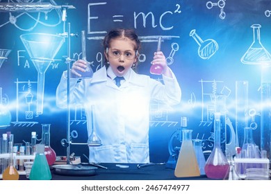Una niña de bata blanca -una joven científica- lleva a cabo experimentos en un laboratorio químico. Educación y desarrollo temprano de los niños. Foto de stock