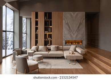 living room, marble wall fireplace and stylish bookcase to the ceiling in a chic expensive interior of a luxurious country house with a modern design with wood and led light, gray furniturу Stock-foto