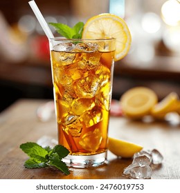 Long Island ice tea cocktail with vodka, rum, tequila, gin, liquor, lemon juice, cola and ice, garnished with lemon slice and mint in highball glass. 
 库存照片