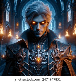 long shot, character, vampire, androgynous, dark blue orange energy, glowing eyes, ornate leather armor, medieval fantasy weaponry, gothic cathedral background, evil smirk