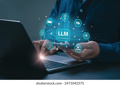 LLM, AI Large Language Model concept. Businessman holding a smartphone with LLM icons on virtual screen. A language model distinguished by its general-purpose language generation capability. Chat AI. 库存照片