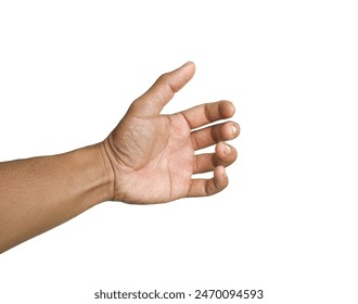 A man acts like he's holding something, like a phone or a water bottle.  Or reaching out to handshake isolated on white background. Arkistovalokuva