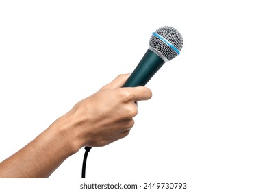 Man hand holding green dynamic microphone isolated on white background. Arkistovalokuva