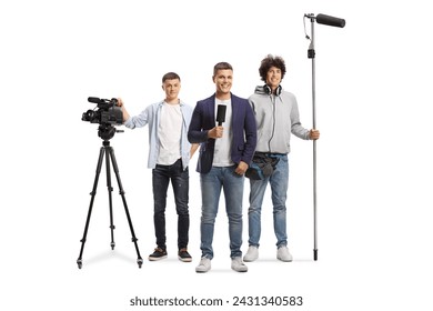 Man with a microphone and a team of boom and camera operators with recording equipment isolated on white background: stockfoto