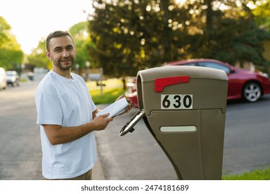 Man receiving letters and bills in mailbox in front of house, mail delivery – Ảnh có sẵn