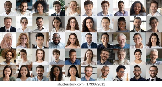 Many happy diverse ethnicity different young and old people group headshots in collage mosaic collection. Lot of smiling multicultural faces looking at camera. Human resource society database concept. ஸ்டாக் ஃபோட்டோ