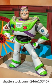 Madrid, Spain; 05-14-2024: Large figure of the famous character Buzz Lightyear from the movie Toy Story in an exhibition called Pixar World about the studio's films Toimituksellinen arkistovalokuva