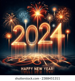 make the number 2024 using only fireworks with the caption HAPPY NEW YEAR!