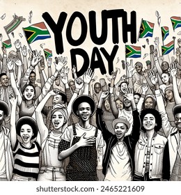 make a handrawn hipster style with handwritten font of south africa's youth day feature happy youthful crowd hands in the air excited happy make it jovial