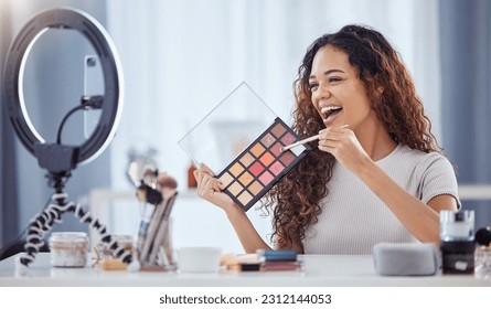 Makeup pallet, influencer and happy woman streaming tutorial for beauty, skin and broadcast for cosmetics. Live stream, filming and content creator, make up artist vlogging with color and skincare. Arkistovalokuva