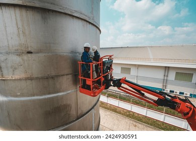 Male industry working at high in a boom liftinspection tank silo stainless: stockfoto
