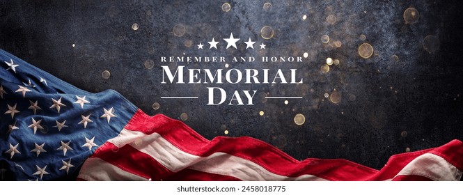 Memorial Day Card - American Flag On Black With Abstract Bokeh - Remember And Honor Text: stockfoto