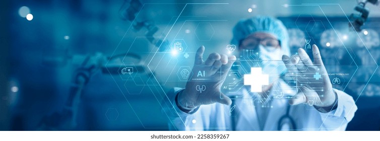 Стоковая фотография: Medical technology, doctor use AI robots for diagnosis, care, and increasing accuracy patient treatment in future. Medical research and development innovation technology to improve patient health.