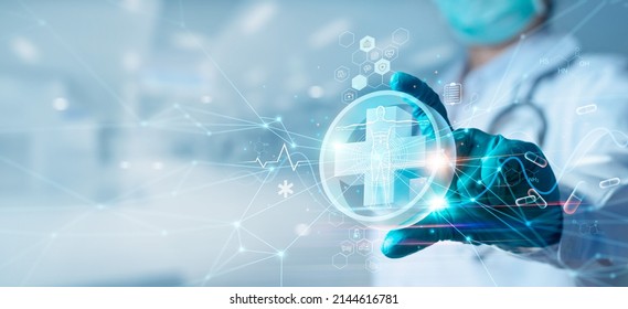 Стоковая фотография: Medicine doctor hold icon health and electronic medical record on interface. Digital healthcare and network connection on hologram virtual screen, insurance. medical technology and network concept.