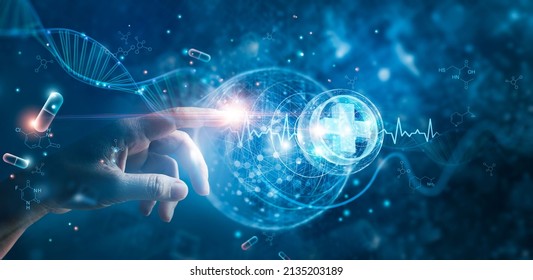 Стоковая фотография: Medicine doctor touching medical global network, Computing electronic medical record. DNA. Digital healthcare and network connection on virtual interface, medical technology and innovation concept