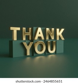 Metallic 3D image of the word "thank you" in a green golden glowing style and block letters