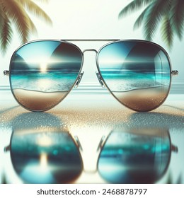 Metallic realistic aviator sunglasses with the reflection of the beach in the lenses on a white background