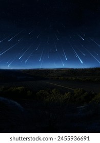 流星嵐、SFの風景。谷の上に落下する隕石、夢のような風景。の写真素材
