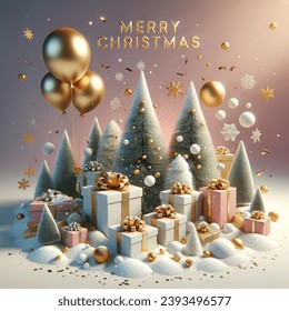 Minimal balloon 3D image of 
merry christmas and happy new year festive 3D composition with realistic christmas trees, gifts box in snow drift, golden confetti. xmas background winter nature, holiday design. vector illustration