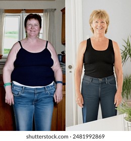 middle aged women weight loss before and after in a real life back ground in a home setting