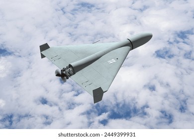 Military drone in the sky above the clouds, drone attack. Concept: military conflict.: stockfoto