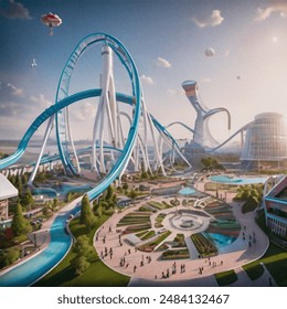 modern amusement park, big roller coaster, sleek design, colorful rides, vibrant atmosphere, futuristic architecture, bright lights, cheerful crowd, sunny day, well-maintained greenery, fun attractions, lively entertainment areas, dynamic layout