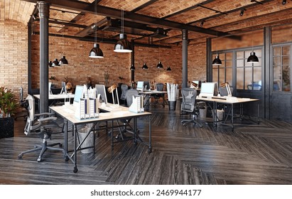 レンガの壁、オープンワークスペース、現代的な家具、机の上のコンピュータ、吊り灯、植物を備えたインダストリアルデザインのモダンなオフィスは、スタイリッシュで生産的な環境を作り出しますの写真素材