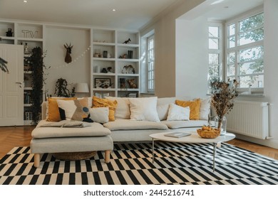 Modern living room interior with sofa Arkistovalokuva