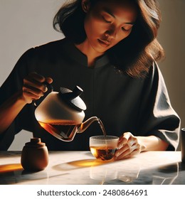 a modern south east asian woman pouring yellow gold tea from a tea pot to a glass teacup on white marble table