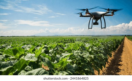 Modern technologies in agriculture. An industrial drone flies over a green field and sprays useful pesticides to increase productivity and destroys harmful insects. increase productivity Arkistovalokuva
