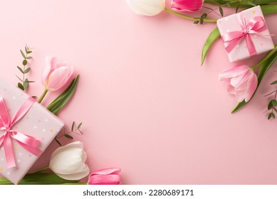 Mother's Day decorations concept. Top view photo of trendy gift boxes with ribbon bows and tulips on isolated pastel pink background with copyspace Stock Photo