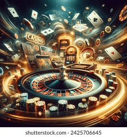 Motion blur photo of create online casino landscape poster, in dark background with casino elements