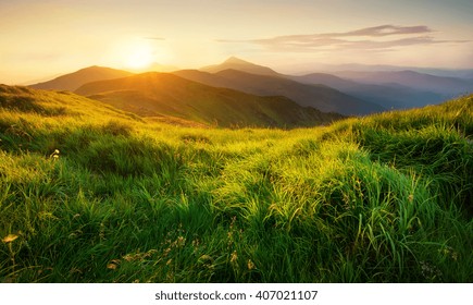 Mountains during sunset. Beautiful natural landscape in the summer time Stock Photo
