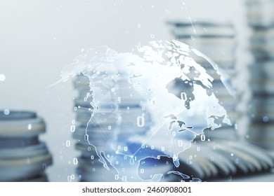 Multi exposure of abstract programming language hologram and world map on growing coins stacks background, artificial intelligence and neural networks concept Foto Stock